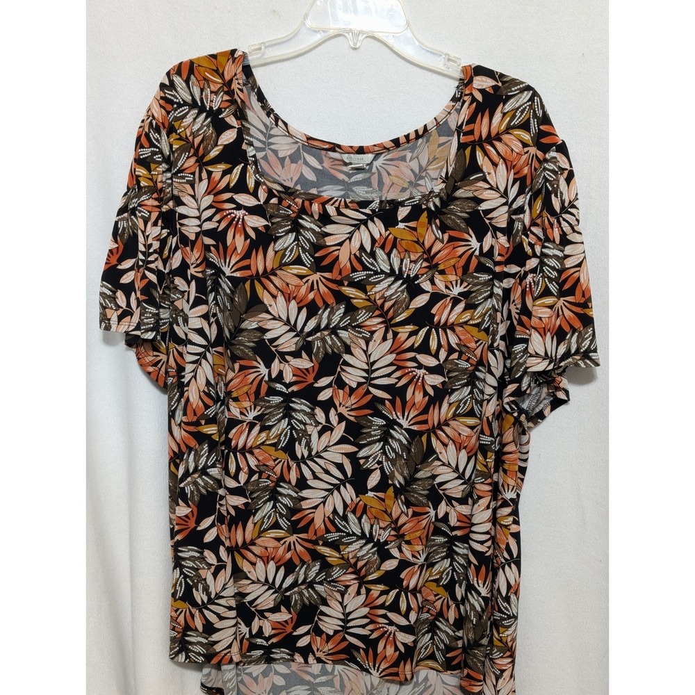 EST 1946 Women Plus Size 26/28W Tropical Leaf Print Scoop Neck Short Sleeve Top